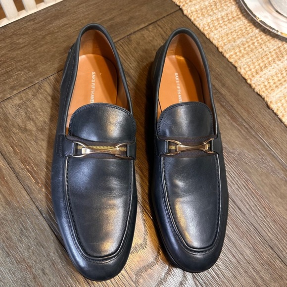 Saks‎ Fifth Avenue Firenze Leather Loafers Dress Shoes Gold Accent Navy 13M - Picture 3 of 11